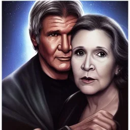 middle-aged carrie fisher embracing harrison ford in star wars, waist up portrait, photorealistic faces, intricate, masterpiece, expert, insanely detailed, 4k resolution, cinematic smooth, intricate detail , soft smooth lighting, soft pastel colors,