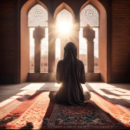 Hyper Realistic Photographic-Back-Center-View Of A Muslim-Female Praying in a Brick-Mosque with sun-rays coming from the Islamic-Architectural-Window-in-front-of-her on prehistoric-carpet showing dramatic & cinematic ambiance.