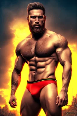 Ignore NSFW, teenager young rugged attractive slightly muscular fantastic handsome man, red briefs with yellow belt, hairy chest, (((visibly pisssing))) briefs, large erect visible boner peniss, photorealistic, artist Jay Anacleto, soft lighting, scruffy beard