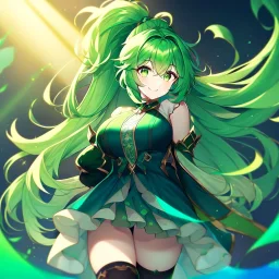 girl, masterpiece, best quality, volumetric lighting, detailed outfit, perfect eyes, long hair, green hair, green eyes, beautiful lighting, vibrant colors, smiling, thigh highs, ponytail, messy hair, dress,