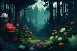 a gloomy forest with dangerous flowers and plants
