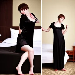 Realistic photo Russian shorthair beautiful 20-years guy boyish boylike young wife wide hips in black nightgown in hotel