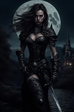 A formidable warrior girl in black armor, against the background of an amazing gloomy landscape, flooded with the light of two moons, mountains, trees, a fabulous scary landscape, juicy emotions, painting, dark fantasy, gloomy day, dark world, portrait, Gothic Town At Night, Fantasy, Intricate Details, Castle Courtyard Gardens, Hyper Detailed, by very detailed portrait mixing the fantastic muscular realism of Boris Vallejo, bringing together the artists Carne Griffiths, Wadim Kashin, Jose Royo,