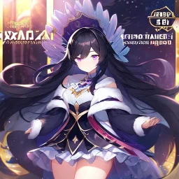 Clear focus,High resolution, black long fluffy hair, long fluffy bangs, purple eyes, wearing a magical uniform outfit, front hair cover eyes, wearing a short skirt