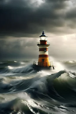 A lighthouse standing tall amidst stormy seas, guiding a small boat safely to shore, symbolizing the protective guidance and support parents offer their children during life's challenges