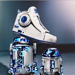 star wars r2d2 sneaker, 35mm camera, magazine advertisement, realistic shot 3/4 view from the lateral front