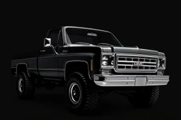 front corner 1973 GMC square body truck(lifted) facing to viewer's left, dark gray background, high contrast black and white vector