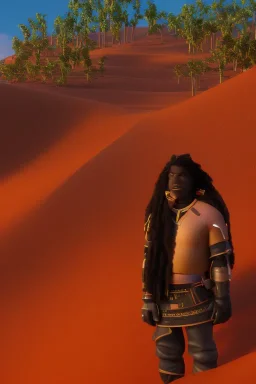 3D render of a cyberpunk tribal teen black man, black hair, on a bright orange dune background, digital art