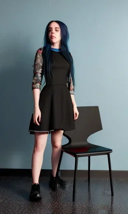 Billie Eilish, sitting on a chair, Black Short Dress, high detail, realistic