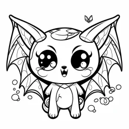 create a 2d black outline, " kawaii kitty with bat wings coloring book for kids", coloring page, low details design, black contour, coloring page design, colorful , card style, coloring page for kids, halloween backgorund,sketch style,