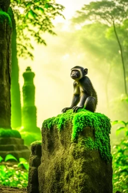 owl monkey on stone pillars in the middle of brazilian jungle, terror from the deep creatures, crashlanding, depth of field, light rays, mist