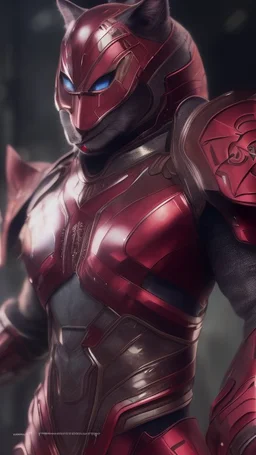 Iconic Cat-Man, red and silver, ultra-detailed armor, cat with eye mask, anime, dynamic shot, richly saturated colors, full height, arms, legs, footwear, cinematic backlighting, hyper-realism, unparalleled detail, 8K, concept art, intricate textures , timeless masterpiece, enhanced AI, GAN, depth of field, neural network,