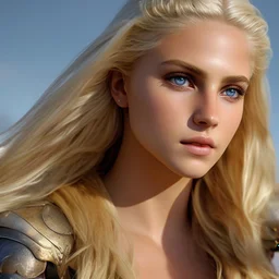 Prhotorealistic close-up of a beautiful blonde warrior with