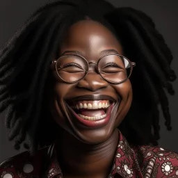 realistic photography of a 34 years old african woman Lina,Lina wear eyeglass,very big lips,laughing