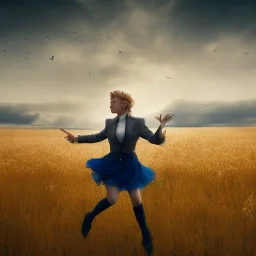 A girl named BilliJo flying over a Scottish field, happy, elegant, surreal, dream, morning light, dewy, forced perspective