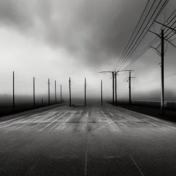 An empty carpark on a misty day. Telegraph poles and wires. Muted tones. Tilted horizon. With blotches, blurry areas and lens noise and grain. Hyper realistic Photo 4k