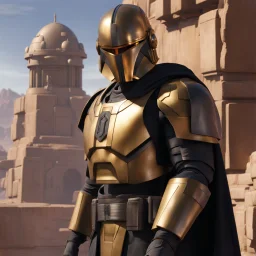 star wars bald male corellian pilot wearing pearlescent black and gunmetal grey First Order special forces armor and helmet with gold trim inside the jedi temple, centered head and shoulders portrait, hyperdetailed, dynamic lighting, hyperdetailed background, 8k resolution, volumetric lighting, light skin, fully symmetric details