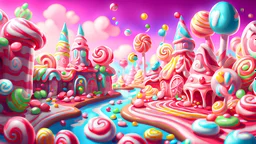 illusration of a candy world, landscape sugar land, game design, digital painting, realistic illustration, candy world