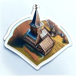 aerial view digital artwork of a stave church as a sticker