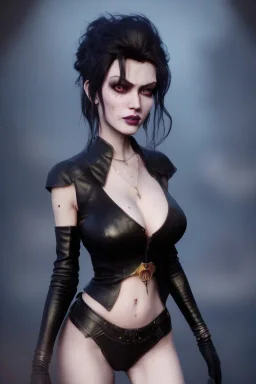 Trish Status as evil queen in black leather, leather, busty, cleavage, angry, rage, stern look. character design by cory loftis, fenghua zhong, ryohei hase, ismail inceoglu and ruan jia. unreal engine 5, artistic lighting, highly detailed, photorealistic, fantasy