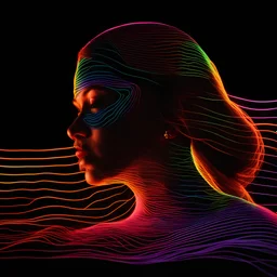 a portrait photograph of luminescent colors wavy electronic lines fully covers a woman's face like topographical curves , full head, ((pure black background)) , 35 mm photo, neon light like in tron movie, highly detailed, glow, blurry, sharp focus, colorful