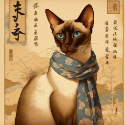 Vintage Japanese art style portrait of a chocolate point Oriental shorthair Siamese cat, inspired by Ukiyo-e prints, elegant smooth fur with soft white highlights, intricate chocolate and muted tan patterns within the fur, deep [COLOR], bold blue scarf around neck, aged beige background with traditional [COLOR] and black calligraphy, delicate brush textures, muted earthy palette, subtle antique atmosphere." "Sho Hotei" 寿 ホテイ (Jū Hotei) in Japanese.