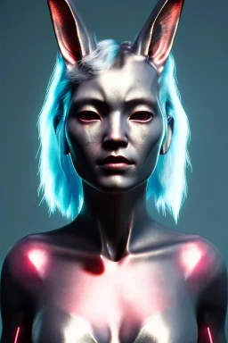 Medium Close Up Portrait, Front image. cyberpunk, rabbit mask, asian woman, silver hair. Latex suit. white, pink, color. Playmate style. Color background, photo studio. Avatar image, highly detailed, concept art, smooth, unreal engine 5, ray tracing, RTX, lumen lighting, ultra detail, volumetric lighting, 3d, finely drawn, high definition, high resolution.