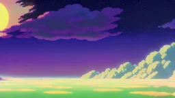 floating ruins of an asian village with purple sky full of stars, sunflower field, anime, high res, makoto shinkai
