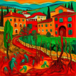 A red Mexican village with fiery ghost peppers painted by Edvard Munch