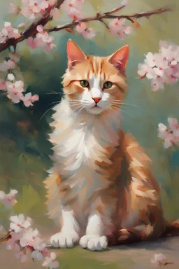 A contented portrait of a cat kneads portrait surrounded by cherry blossoms, the lush garden stretching out behind it. Rendered in the impressionistic, romantic style of Henry Asencio, the image is a delightful ode to feline serenity