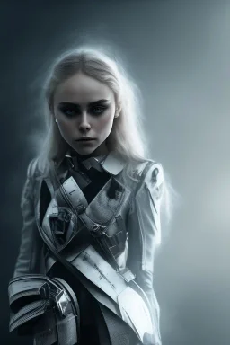 All Black AnnaSophia Robb soldier, ghost, wearing high tech mask, white smoke, dark, rage, sorrow, high definition, ultra 8 k, volumetric lighting, blue fire, fog