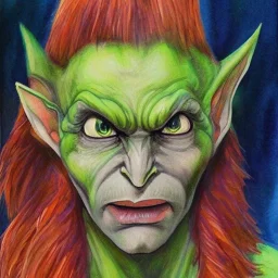 dungeons and dragons, fantasy, goblin, king, green skin, watercolour, large strokes, distinct face, portrait, head, crude crown