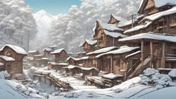comic style, holistic, Wooden city in the jungle, under the snow