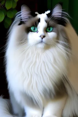 A small sized long haired ragdoll cat with white fur that has gray patches of fur all over her back. She also has a white patch of fur on her face between her eyes. Her eyes are green.