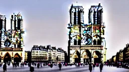 A Tesla semi-truck is racing at top speed, by the Notre-Dame Cathedral, in Paris. CINEMATIC. WIDE ANGLE LENS. PHOTO REAL.