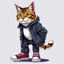 Vector illustration of anthropomorphic cat, with jacket, jeans and tennis shoes. Ultra quality, hyper detailed, work of art