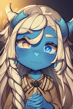 A tieffelin with blue skin and white Dreadlock hair. His pupil-less eyes are green. He wears a small beard. His horns are black and curved backwards. He wears a beige tunic.