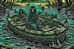 on the river Styx, in a special creepy boat, the boatman in the hood of Death, who takes the guilty people to the endless darkness, to hell on the boat, the crowd of crying, howling, begging dead, surreal style, dark colors, strange surreal nightmare landscape, high detail, sinister, surreal art, chillingly fascinating