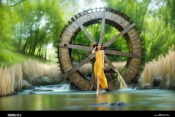 wide angle shot of golden wheat field next to river ,a watermill on river, a beautiful girl in pretty long dress walking in