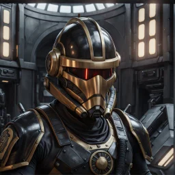 star wars bald male corellian pilot wearing pearlescent black and gunmetal grey First Order special forces heavy assault stealth commando armor and helmet with gold trim inside the jedi temple, hyperdetailed, dynamic lighting, hyperdetailed background, 8k resolution, volumetric lighting, light skin, fully symmetric details