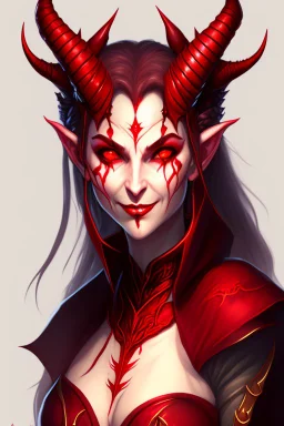 Portrait of a Dungeons and Dragons Tiefling girl with deep red sin, pretty, beautiful, symmetrical horns protruding fromn forehead, devil horns, smile, epic lighhting, cinematic, fantasy, , high quality, best quality, high definition, masterpiece, 8k, artstation, artwork, concept art