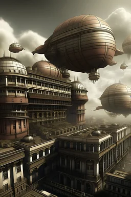old robotic cityhall with lots of zeppelins