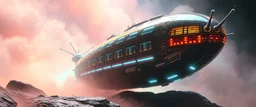 space ship, shiny bright slug mega ship snail flourescent with many windows and decks, interdimensional twister, rock against colored spaced fog, space interior