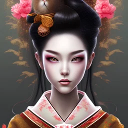 sensitive, pretty geisha girl, black hair, clearly outlined facial features, small smile, whole head with hair, standing by fountain, birds, intense colors