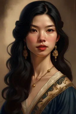 Portrait of a beautiful black haired woman in semi realism style, a historical princess wearing a beautiful British medieval style, slim and fair, looks like Olivia rodrigo, in Korean novel semi-realism style