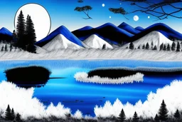 black, blue and white colors, fullmoon, pond, mountain, forest