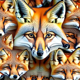 Small fox faces grouped together forming a large fox face, ultra quality, hyper detailed