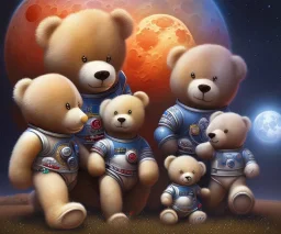 little boy and big teddy bears on moon. oil on canvas