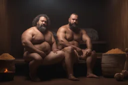 full body shot photography, two muscular chubby ugly burly marocan men , sweat, bulge, masculine hairy 43 year old man, curly hair, manly chest, curly beard ,big shoulders, big arms, big legs, bulge,, ambient occlusion , lying down sleeping in a steamy Sauna, super high resolution, 8k, dim light, side light, ultra hyper realistic, frontal view