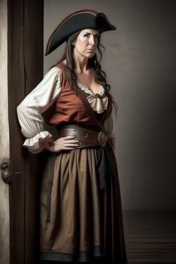 pirate woman with -cut dress leaning against the wall, realistic style, full figure